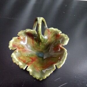 Bybee Pottery Kentucky Leaf Dish Green Red Drip Glaze Ceramic Handle Bowl 6in